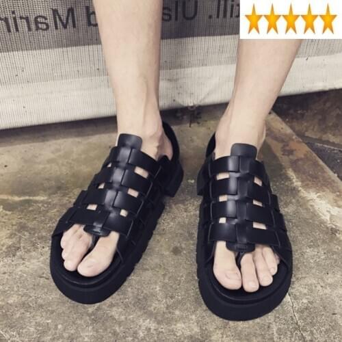 Gladiator Sandal Mens Genuine Harajuku Leather Shoes Outdoor Casual Slip On Flip Flops Male Fashion Thick Bottom Roman Sandals