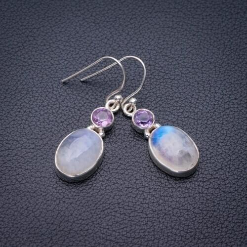 StarGems Natural Rainbow Moonstone And Amethyst Handmade 925 Sterling Silver Earrings 1.5" E0886