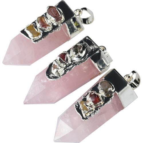 Trendy-beads Silver Plated Hexagon Column Natural Rose Pink Quartz with Small Tourmaline Pendant