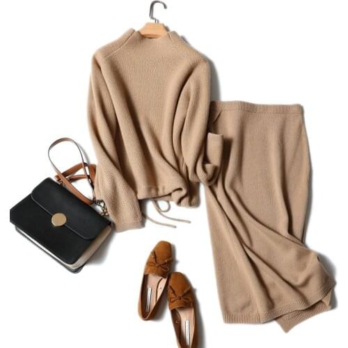 Autumn winter new thick casual chic skirt 100% pure cashmere sweater suit female half high collar knit jumper