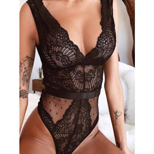 Summer Sexy Bodysuit Women Floral Embroidery Deep V Neck Lace Mesh Jumpsuit Overalls One Piece Bathing Suit