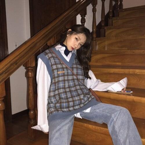 Vest Women Plaid Vintage Harajuku Stylish Street-wear V-neck Sleeveless Sweaters Students Korean-style Loose Casual Fashion