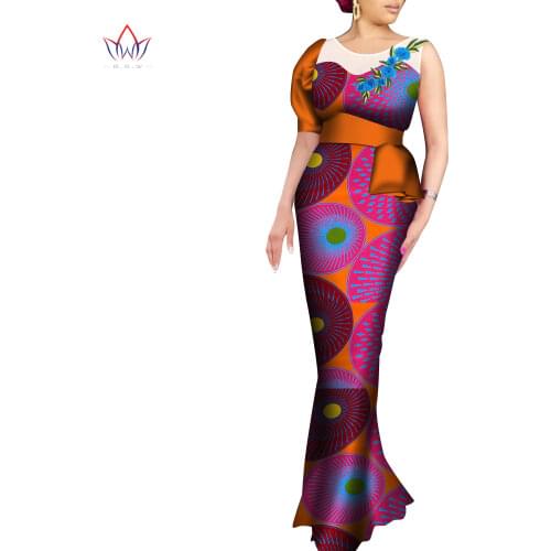 African Print Long Mermaid Dress for Women Rich Patchwork Belt Slash Neck Dresses African Women Clothing Party Dress WY7468