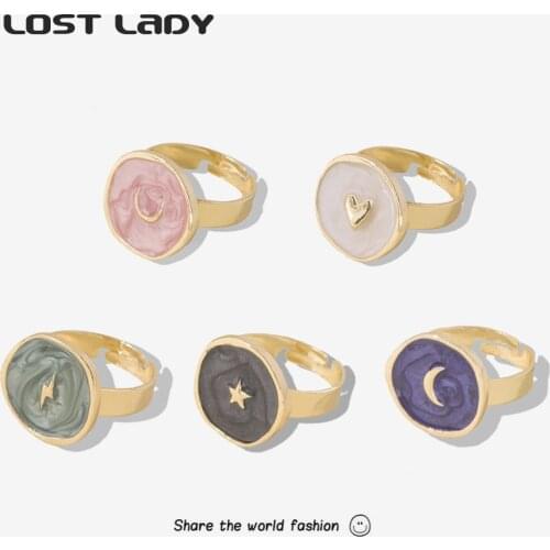 Lost Lady Fashion MultiColor Enamel Round Rings For Women Star Moon Heart Alloy Finger Rings Wholesale Accessories Party Gifts