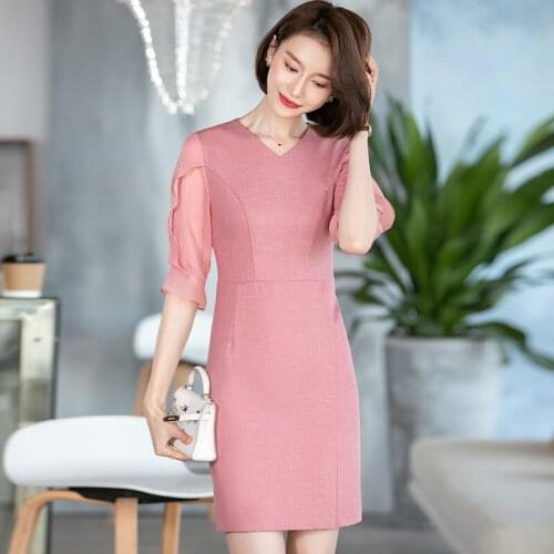 Half Sleeve Spring Summer Elegant Pink Dresses for Women OL Styles Slim Hips Mini Dress Business Work Wear Beauty Salon Vestidos