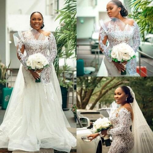 New Mermaid Wedding Dress Long Sleeves Lace African Bridal Gowns Plus Size Sheer Scoop Neck Sweep Train Country Bridal Gowns