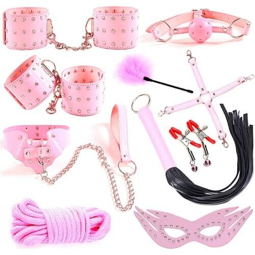 10 Pcs Sex Products Erotic Toys For Women BDSM Sex Bondage Set Handcuffs Nipple Clamps Gag Whip Rope Adult Sex Toys For Couples