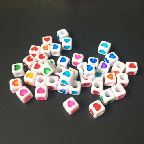 100pcs Mini 7*7MM 6*6MM White with Color Hearts Printing Cube Beads Big Hole Plastic Acrylic DIY Jewelry Bracelet Spacer Beads