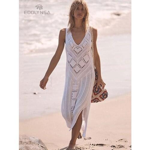 2021 Sexy Sleeveless Bikini Cover-ups White Crochet Tunic Knitted Summer Beach Dress Women Beach Wear Swim Suit Cover Up Q1299