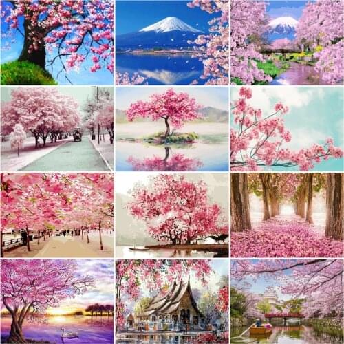 AZQSD DIY Frame Paint By Numbers Flower Drawing On Canvas Oil Painting By Number Cherry Blossom Kits Handpainted Gift