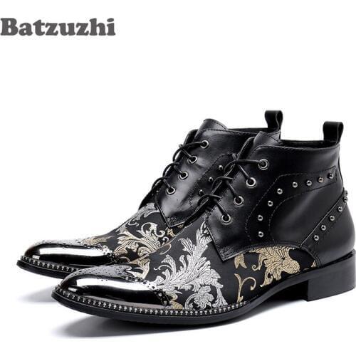 Batzuzhi Luxury British Style Men Ankle Boots Genuine Leather Motorcycle Cowboy Boots Men Leather Boots Botas Hombre, Big US6-12