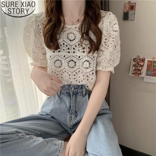 Blusas Mujer De Moda 2021 Puff Sleeve Hollow Out Shirt Women Blouse New Vintage Summer Tops Ladies Vintage Lace Blouse 14346