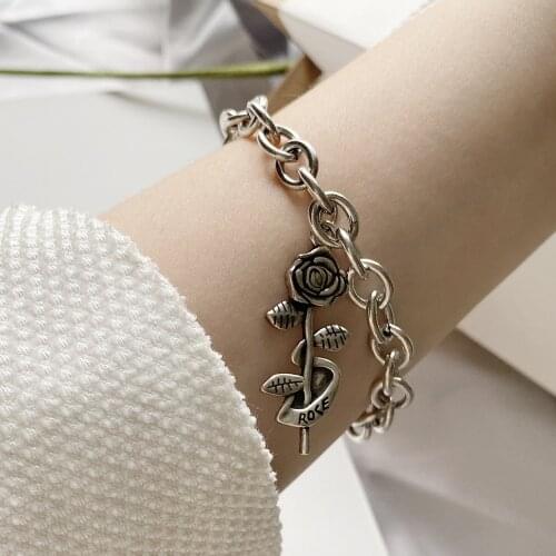 925 Sterling Silver Bracelet Vintage Rose Flower Pendant Bracelet Personality Punk Style Couple Bracelet Jewelry