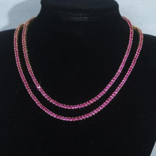Gold Color 3MM Ruby Pink Cubic Zirconia CZ Tennis Chain Hip Hop Bling New Cool Men Boy Chain Necklace