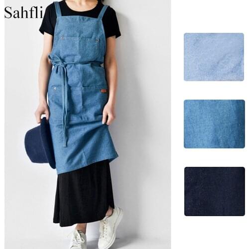 Long Aprons Adjustable Housekeeping Denim Apron with Pockets Antifouling Household Cooking Sleeveless Clothing for Women Men