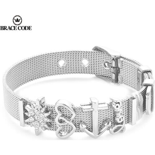 BRACE CODE Hot Sale Stainless Steel Mesh Keeper Bracelet with Love Heart Slide Charms Brand Bracelets Women Wife Wedding Gifts