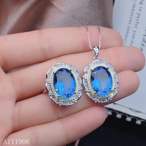 KJJEAXCMY boutique jewelry 925 sterling silver inlaid natural blue topaz gemstone female ring pendant necklace set support revie