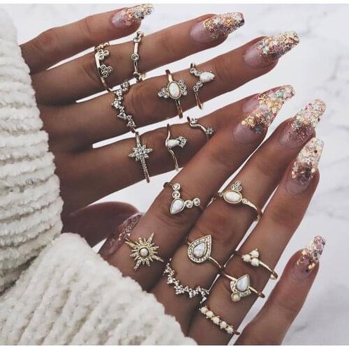 Hot sale European and American rhinestone joint ring 16 piece set crown drop retro set ring for women gifts wholesale