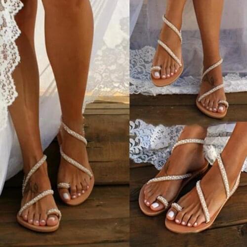 Summer Woman Sandals Flats New Fashion Rhinestone Roman Style Open Toe Womens Shoes Zapatos De Mujer Large Size 35-43