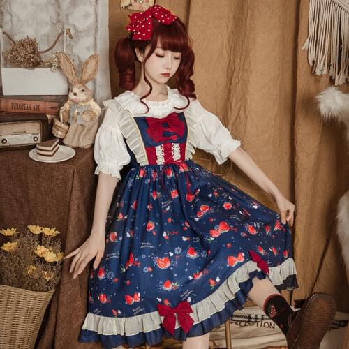 Sweet Lolita Summer New Style Strawberry Suspender Dress Lolita JSK Dress Soft Girl Bow Princess Tea Party Dresses