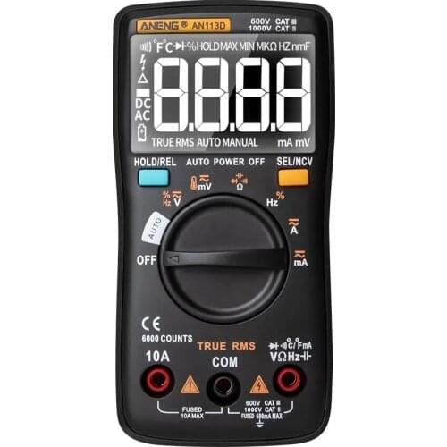 ANENG AN113D Intelligent Auto Measure True- RMS Digital Multimeter 6000 Counts Resistance Diode Continuity Tester Temperature AC
