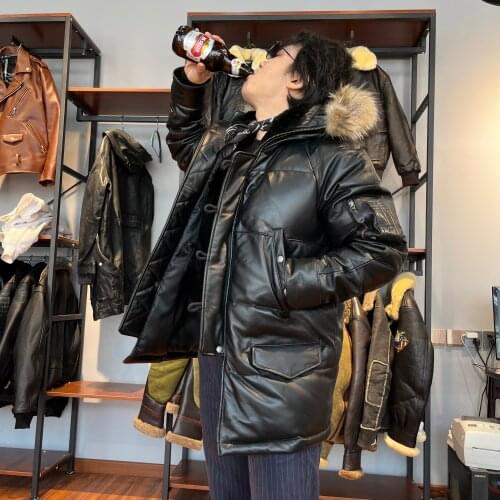 CDN3B Rock Can Roll Big Size Super Warm Mens Genuine Sheep Leather 90% Duck Feather Down Jacket Long Coat