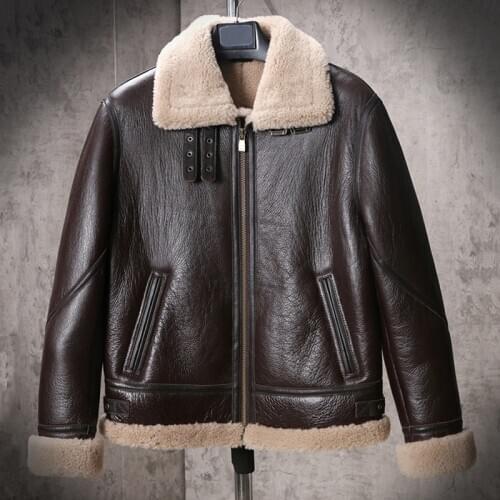 New Mens B3 Shearling Jacket Short Motorcycle Jacket Genuine Leather Jacket Mens Winter Coats Thicken Sheepskin Coat