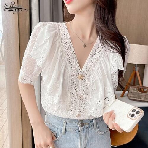 New 2021 Summer Sweet Lace Women Tops Fashion V Neck Cotton Button Up Shirt Women White Blouse Short Sleeve Ruffle Clothes 14197
