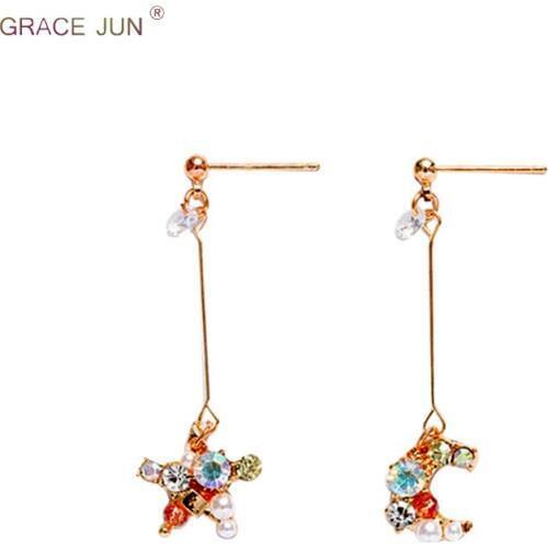 GRACE JUN New Pearl Rhinestone CZ Star Moon Clip on Earrings and Gold Color Long Drop Pierced Earrings Best Jewelry Bijouterie