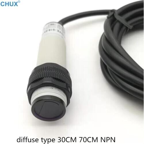 Diffuse Type Photoelectric Sensor NPN 30cm 70cm 100cm Adjustable Sensing Detect Distance M18 plastic Shell DC Infrared Switch