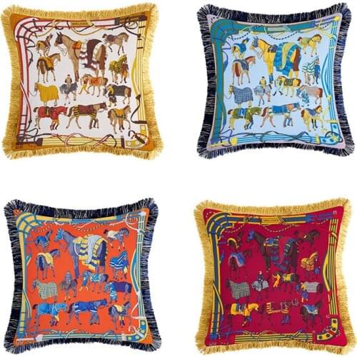 Velvet Fabric Luxury Duplex Full Printing Tassels Home Sofa Cushion Cover Pillowcase Without Core Car Seat Living Room Bedroom