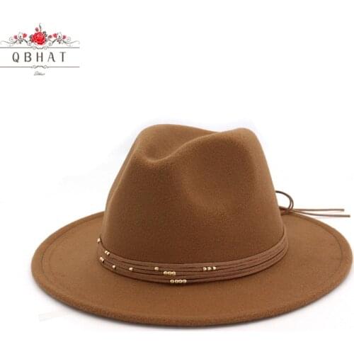 QBHAT Vintage Retro Plain Dyed Wool Felt Black Womens Hats Flat Brim Fedora Hat Wholesale Classic Unisex Jazz Trilby 60 CM