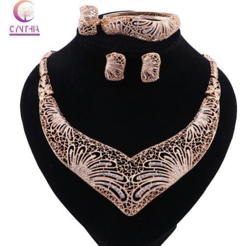 Wedding African Beads Jewelry Sets Gold Color Fashion Party Bridal Rhinestone Necklace Earring Bangle Ring Accessories