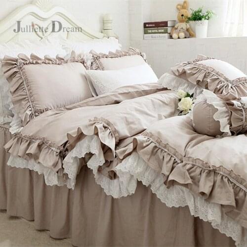 Top Luxury European Khaki Bedding Set Ruffle Lace Duvet Cover Bedding Elegant Bedspread Bed Sheet For Bed Wedding Decor Clothes