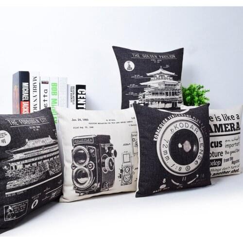 Vintage Camera Newspaper Cushion Cover Pillowcase The Golden Pavilion The Forbidden City Black and Beige Pillow Covers