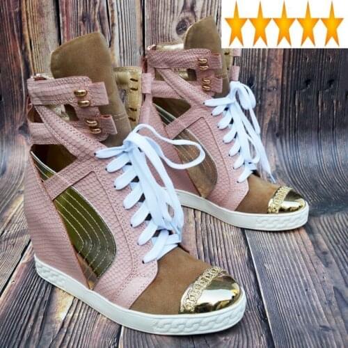 Women Top Hollow New Out Ankle Genuine Leather Wedges Height Increasing High Heels Sneakers Patchwork Metal Toe Boots