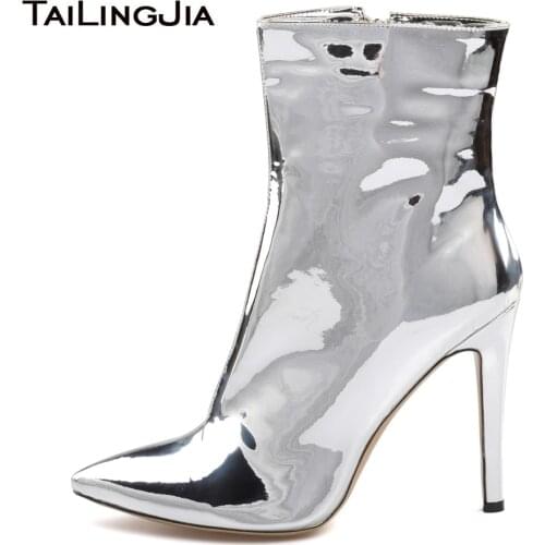 Women High Heel Ankle Boots 2020 Silver Shiny Patent Leather Pointed Toe Booties Ladies Autumn Fall Warm Stiletto Shoes Size 46
