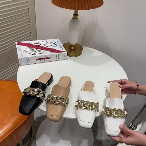 Bailamos Women Slipper Square Low Heel Metal Buckle Muller Slippers Casual Loafers Outdoor Slides Shoes Slip-On Lazy Shoes