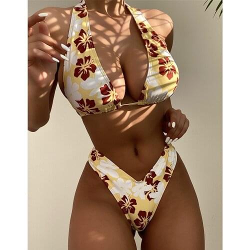 2021 New Sexy halter push up bikini set print swimsuit women High cut swimwear Triangle bathing suit Swimming Swim suit Biquini