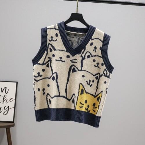 Womens v-neck knitted vest sandwiched color graphics inside take the cat to restore ancient ways coat sweater vest