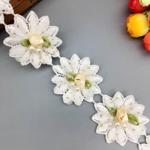 1 yard Soluble Polyester Pearl Flower Embroidered Fabric Lace Trim Ribbon Wedding DIY Sewing Craft For Costume Hat Decoration