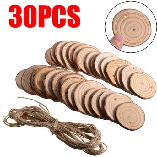 30PCs Natural Wood Slices 5-6cm Drilled Hole Unfinished Log Wooden Circles Round Handmade Embellishments DIY Decoration Home