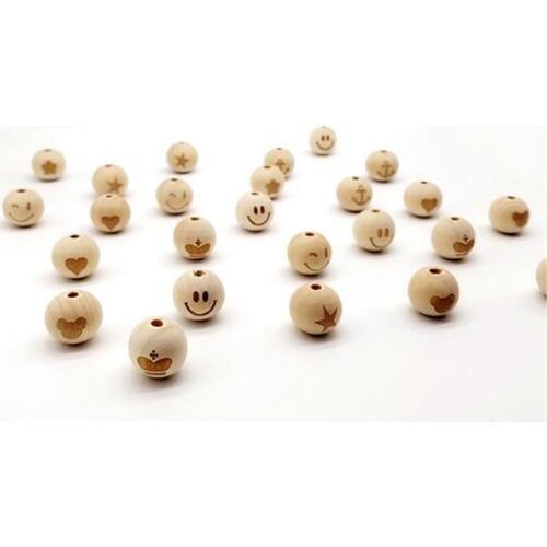 20mm Round Natural Wood Beads Smiling Face Heart Star Baby Teether Child Teething Big Size Wooden Beads for Jewelry Making
