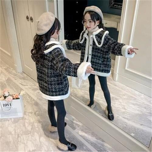 Girls long coat winter new style baby cotton like plaid warm coat Korean foreign style childrens cotton coat