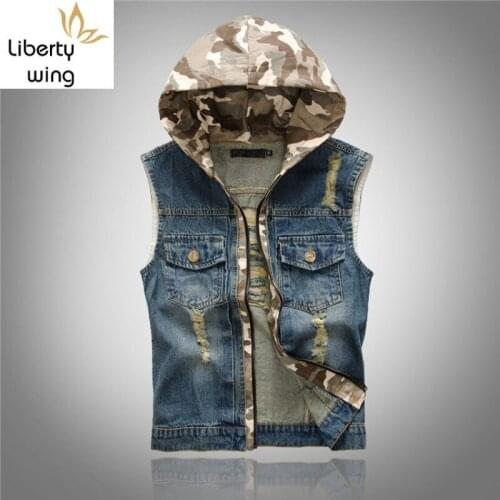 Autumn New Fashion Hooded Vests Men Streetwear Distressed Slim Vintage Washed Mens Denim Coat Zipper Casual Jacket Man Outwear