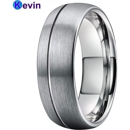 Classic Ring Men Women Tungsten Wedding Ring Domed Grooved Brushed Finish