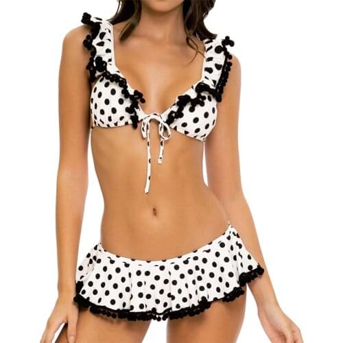 Cute Girls Polka Dot Bikini Set Summer Sexy Beach Split Swimsuit Sweet Lolita Ruffles Bandage Deep V Underwear Bra+Short Skirt