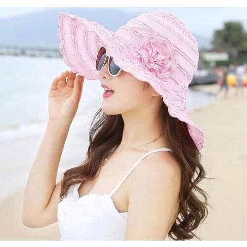 Fashion Women Hat Korea Style Flower Packable Large Wide Brim Hat Anti-UV Adjustable Ladies Floppy Beach Sun Hat beach hats