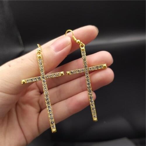 Trendy Shine Cross Zircon Dangle Earrings For Women Gold Silver Color Charm Punk Large Simple Womens Earring Female Jewelry