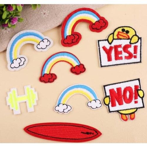 Cartoon Letter YES NO Embroidery Cute Rainbow Surf board Patches wholesale Iron On Appliques for Clothes Diy T-shirt Stickers